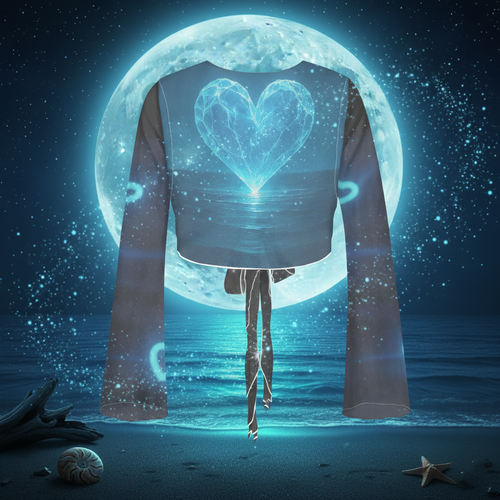 "Electric Love Glow" Crystal Heart Tie-Front Crop Top – Long Sleeve Festival Wrap