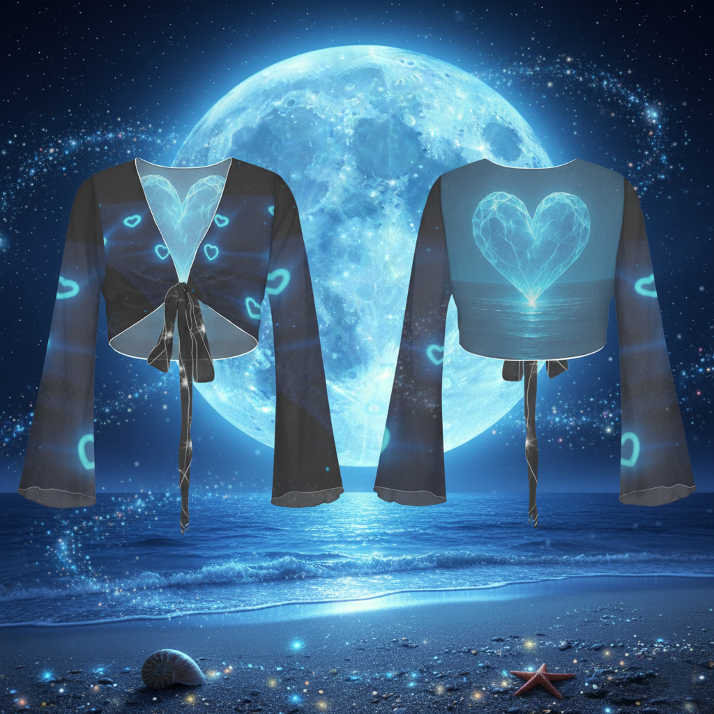 Top corto con lazo frontal y corazón de cristal "Electric Love Glow" (manga larga, estilo festival)